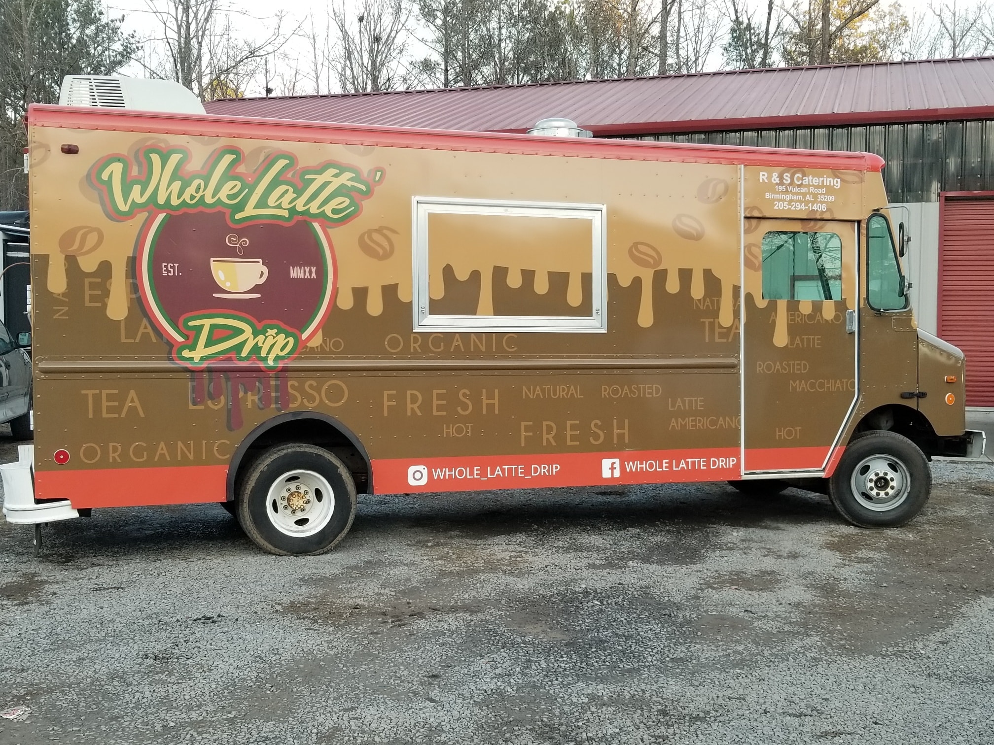 A food truck with colorful overlay and logo for Whole Latte Drip