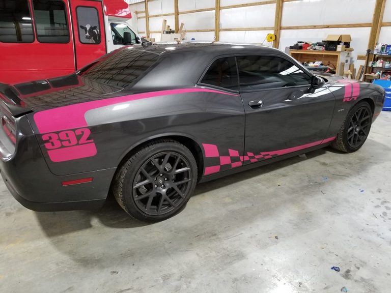 gray and pink wrap on mustang